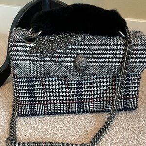 Kurt Geiger Black and White Plaid Shoulder Bag with Fur Handle